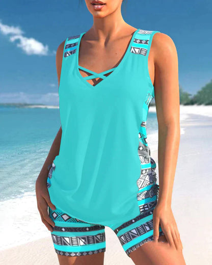 Trendy swimwear with V-neck and geometric pattern – Tankini set Madonna