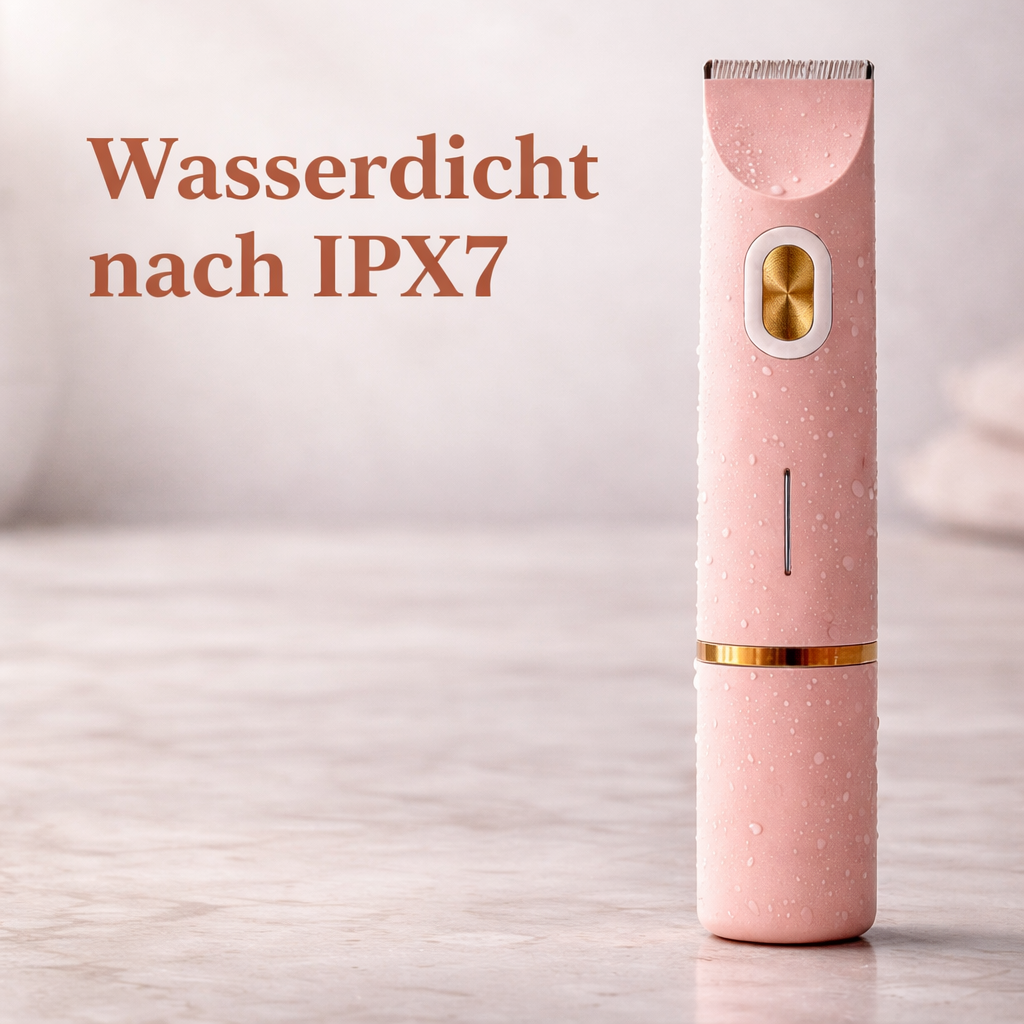 Pink trimmer covered in water droplets standing on a marble surface, illustrating its waterproof rating. 11