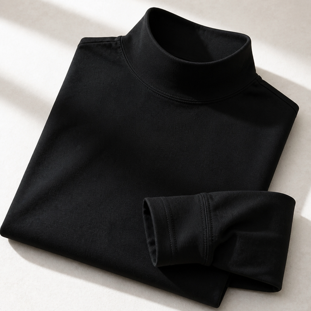 Black high-neck long sleeve top folded on a pale surface, close view of the ribbed collar and stitched cuff. 5