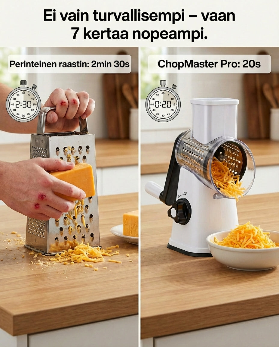 Side-by-side comparison of grating cheese by hand on a box grater and with the rotary chopper into a bowl. 4
