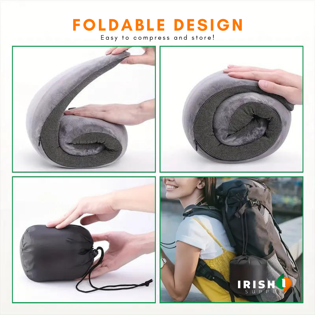 Four-panel collage showing the pillow rolled up by hand, packed into a black drawstring pouch, and the pouch clipped to a backpack. 6