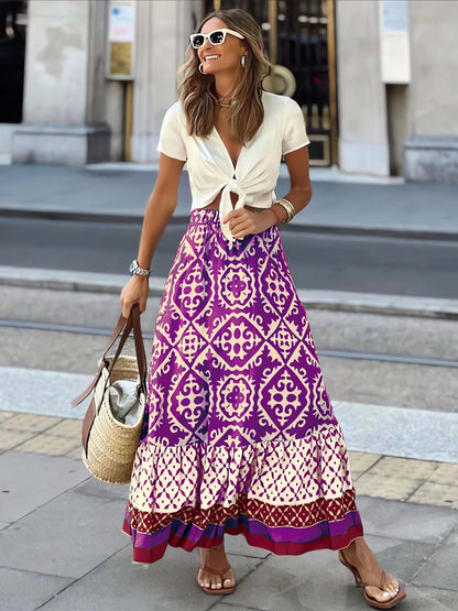 Printed Boho maxi skirt with a flowing cut & fringes – Yalina