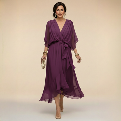 Elegant Flowy Midi Dress for Women – V-Neck & Adjustable Waist 9