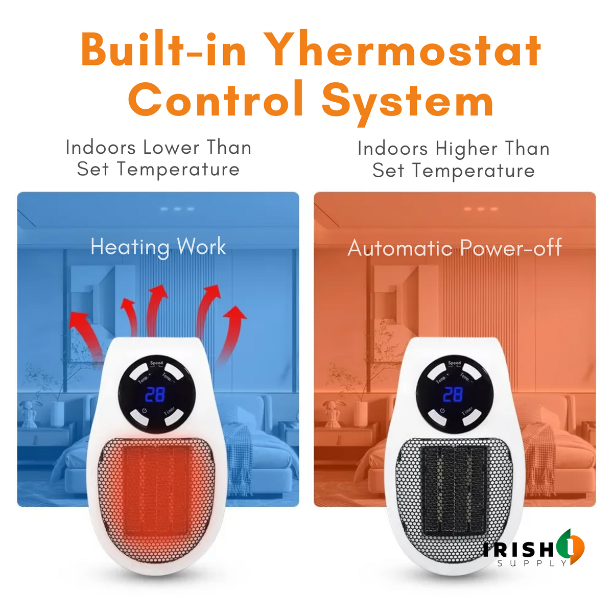 Two heaters side by side, one glowing orange while heating and one dark when automatically switched off 5