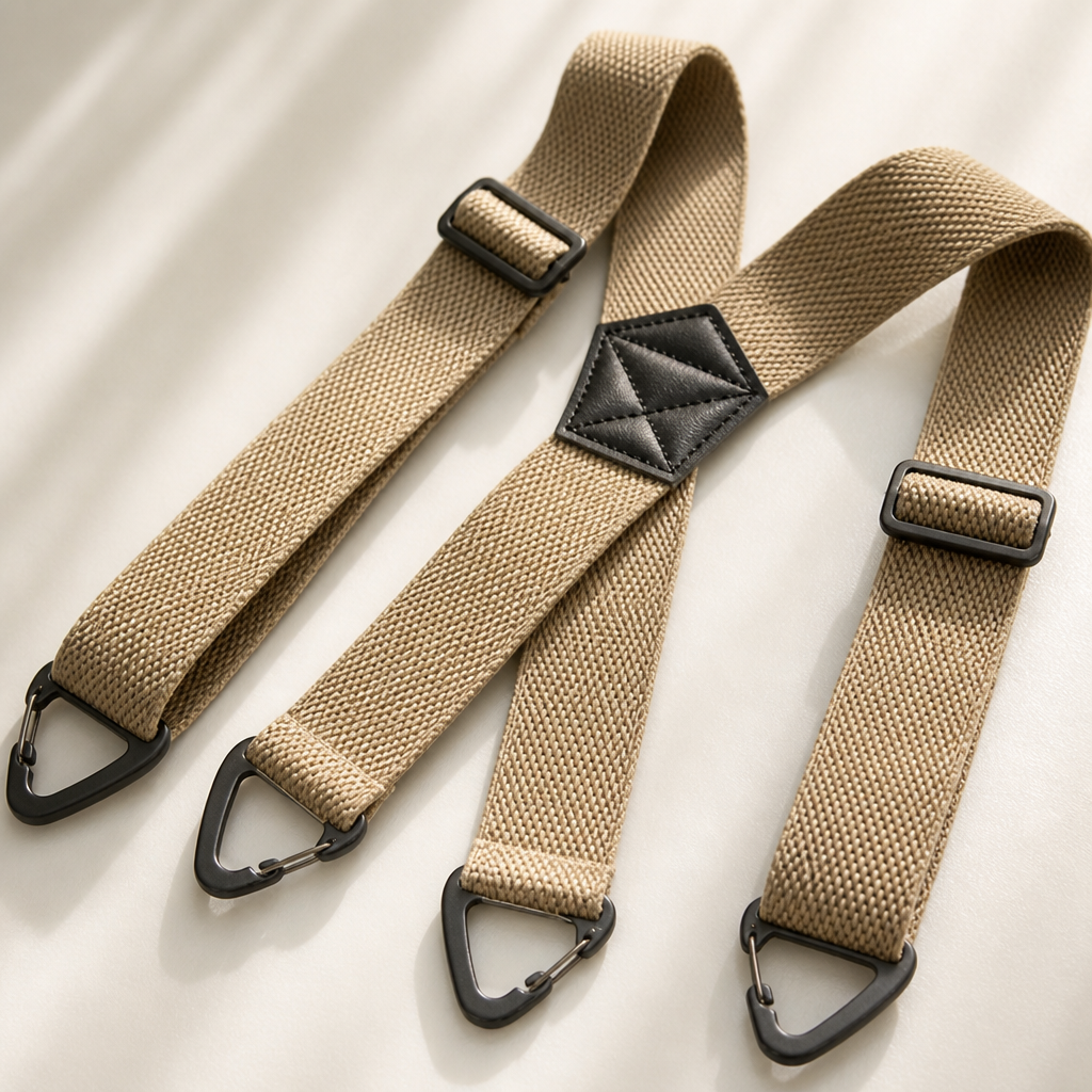 Beige X-back suspenders lying on a pale surface, showing the black faux-leather centre patch, slide adjusters and triangular clips. 5