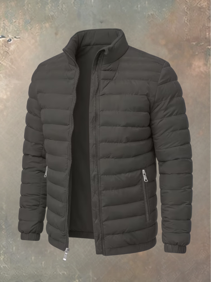 Dark grey quilted puffer jacket with open front, silver zips and elasticated cuffs 5
