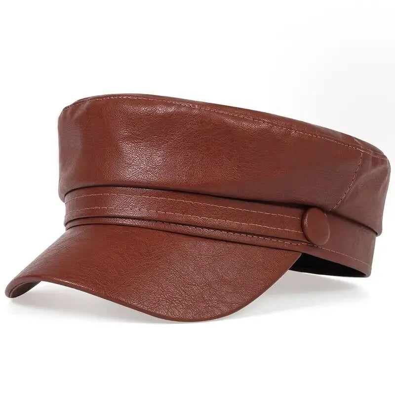 Brown baker boy hat in glossy faux leather with contrast stitching, three-quarter view 5