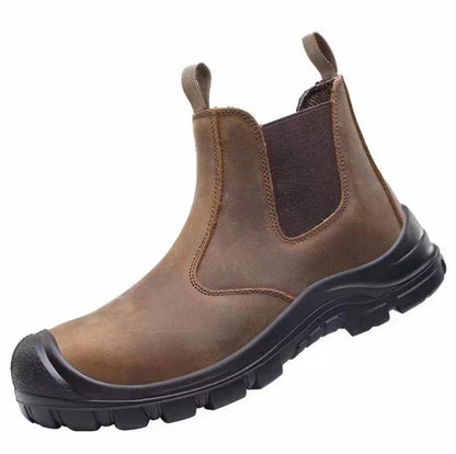 Single brown leather pull-on boot angled to show the elastic side panel, pull loops and black toe cap 5
