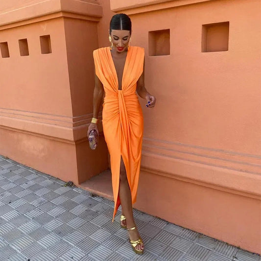 Trendy evening dress with a deep V-neck & tailored fit – Malina