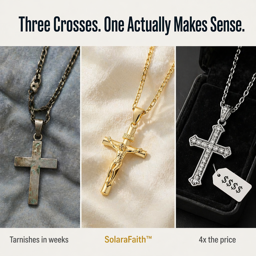 Side-by-side comparison of a tarnished plain cross, the gold crucifix on cream fabric, and a jewelled silver-toned cross 5