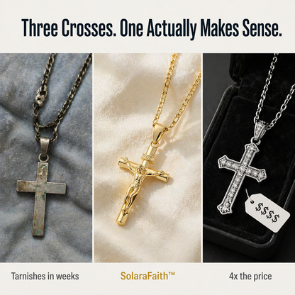 Side-by-side comparison of a tarnished plain cross, the gold crucifix on cream fabric, and a jewelled silver-toned cross 5