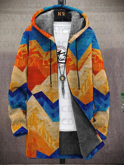 Jacket on a hanger in a zigzag chevron pattern of orange, blue and sandy tones 5