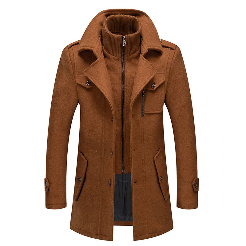 Camel-brown overcoat laid flat from the front, with the zipped knitted inner collar visible 5