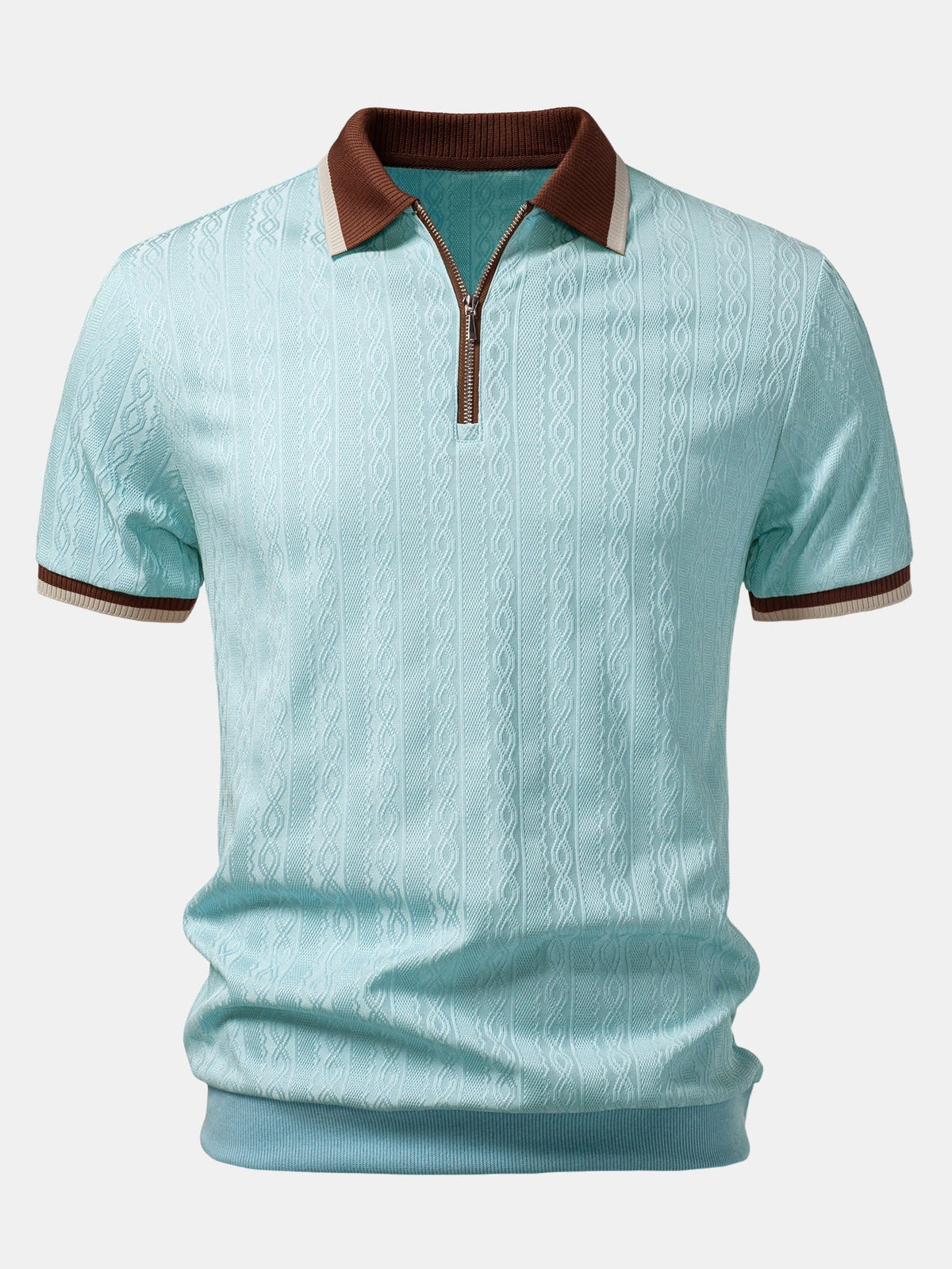 Front view of the pale blue version, with brown collar, silver quarter zip and striped sleeve cuffs. 9
