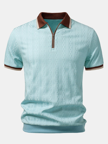 Front view of the pale blue version, with brown collar, silver quarter zip and striped sleeve cuffs. 9