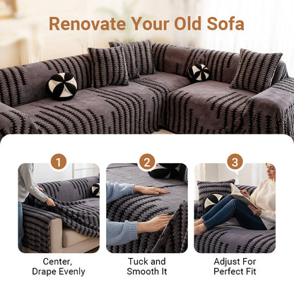 Grey cover on a corner sofa, with three steps showing it draped, tucked and smoothed into place 6