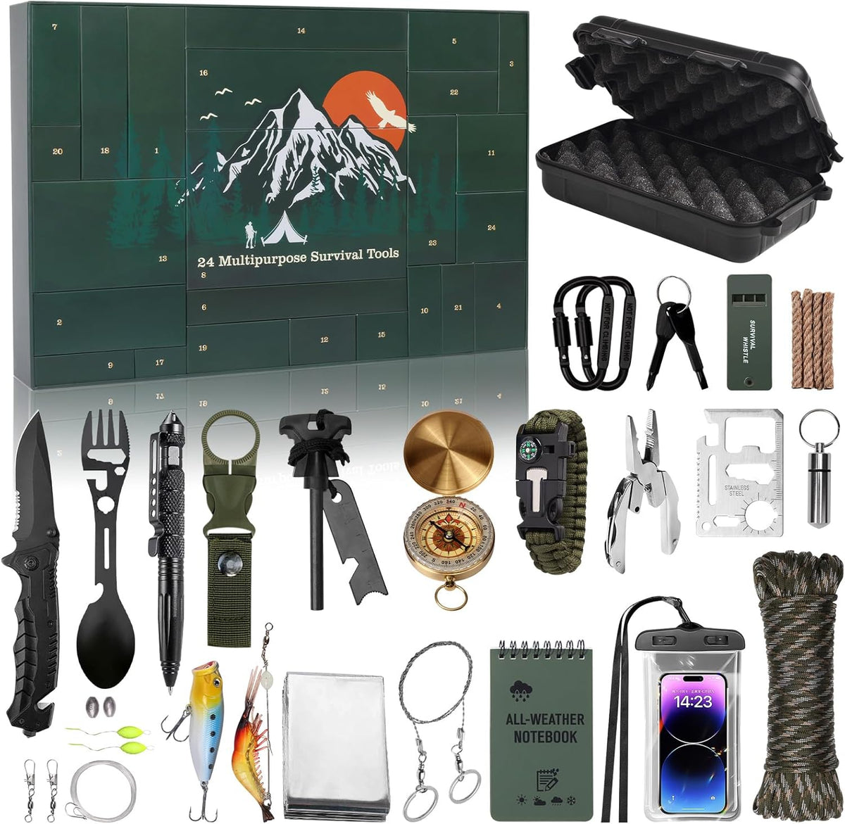 Green numbered advent calendar box with a mountain scene, above all 24 survival tools and a black case 1