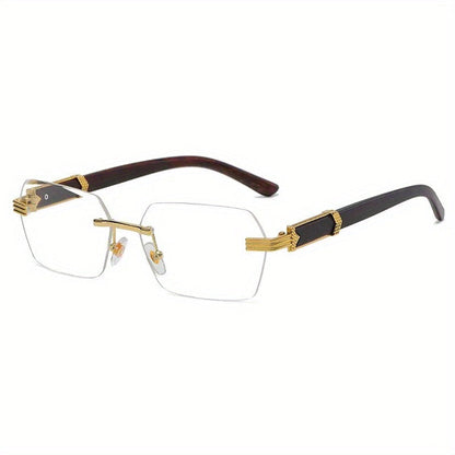 Rimless sunglasses with rectangular lenses and faux-wood temples – Verro
