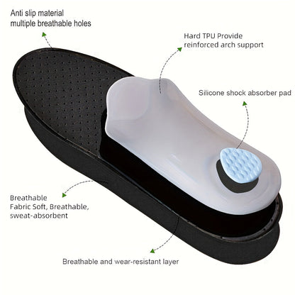 Diagram of the insole's layers, with a black perforated top, a firm clear arch support and a blue silicone heel pad. 3