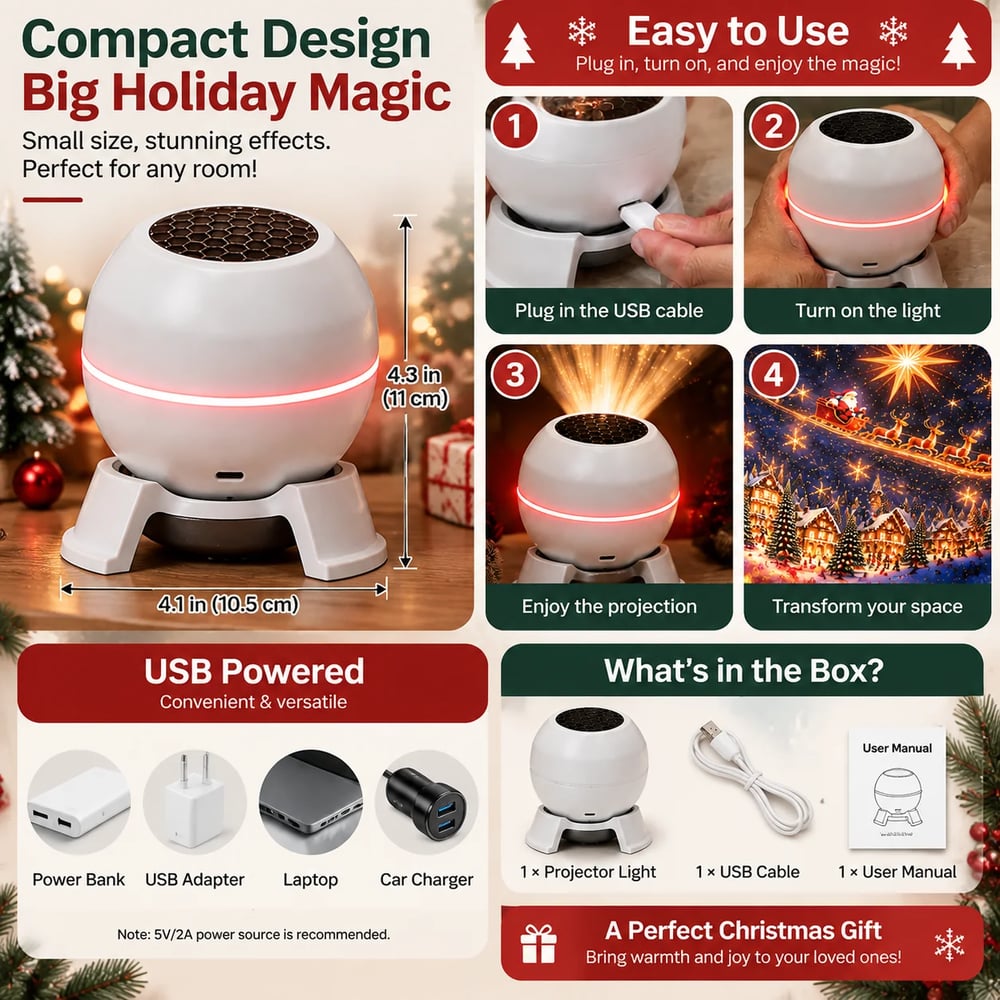 Infographic of the white spherical projector with its dimensions, setup steps, USB power options and box contents 1