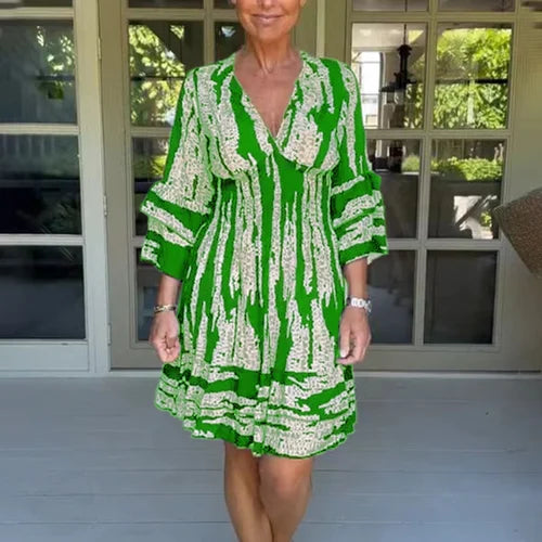 Autumnal & Stylish Ladies' Dress with V-neck and 3/4-length sleeves – Elina