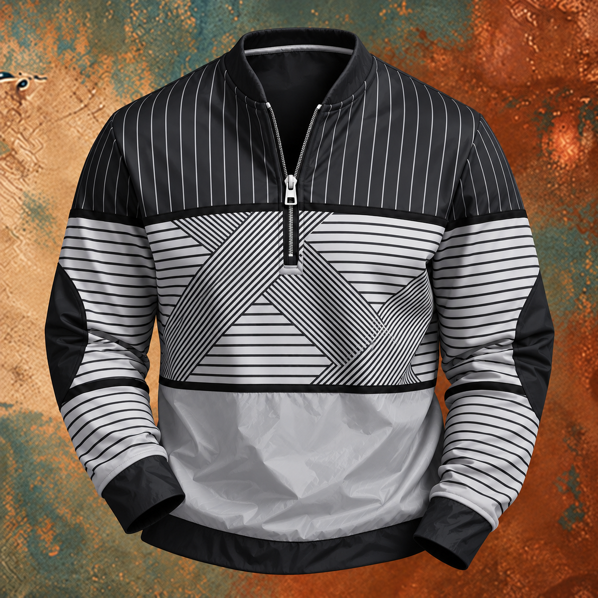 Black and white version of the half-zip pullover, with pinstriped yoke, crisscross striped chest panel and black elbow patches. 3