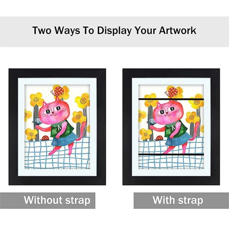 Two black frames side by side showing one cat drawing displayed without and with the elastic strap. 11