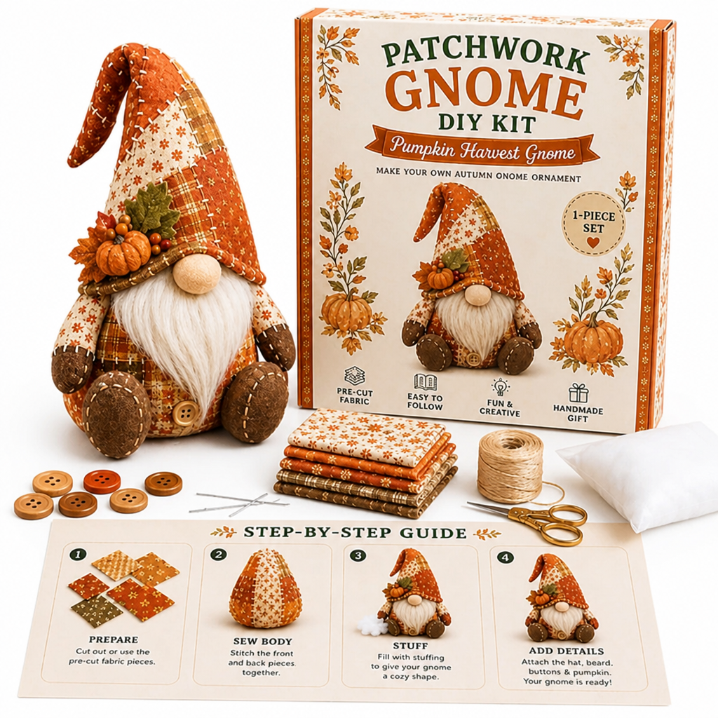 Orange autumn gnome with a small pumpkin on its hat, shown with its kit box, fabrics and sewing supplies 8
