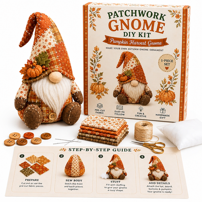 Orange autumn gnome with a small pumpkin on its hat, shown with its kit box, fabrics and sewing supplies 8