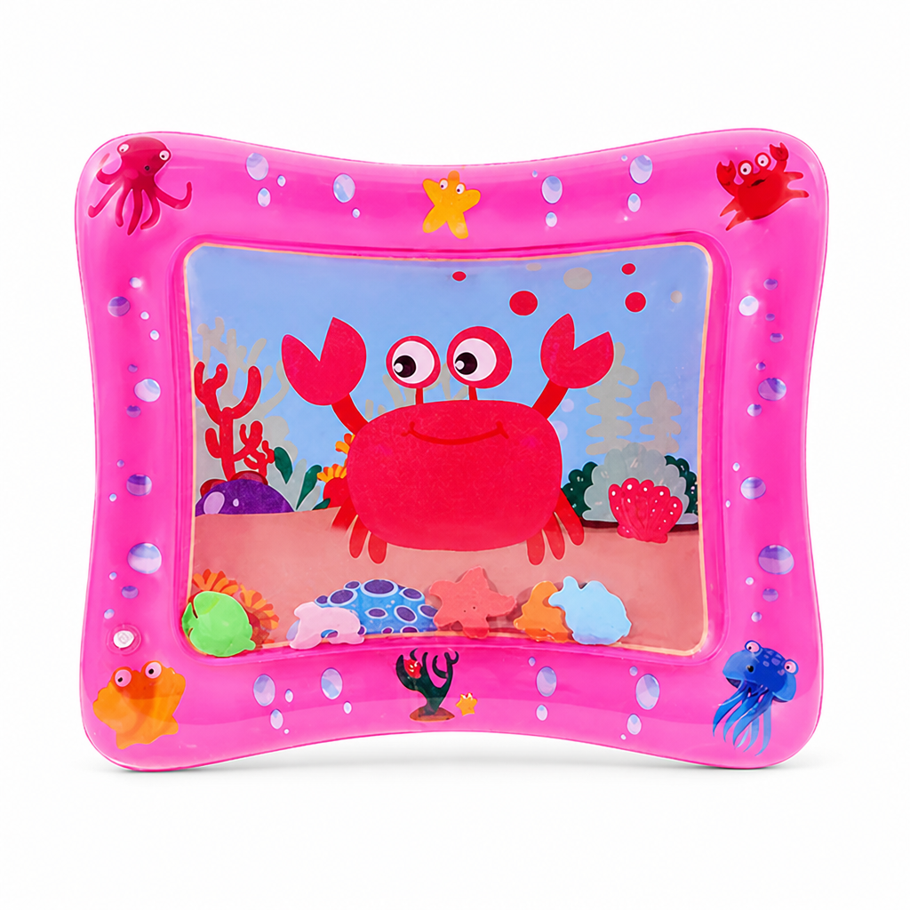 Rectangular pink water mat with a large smiling red crab in the centre, small sea creatures on the border and floating shapes below. 9