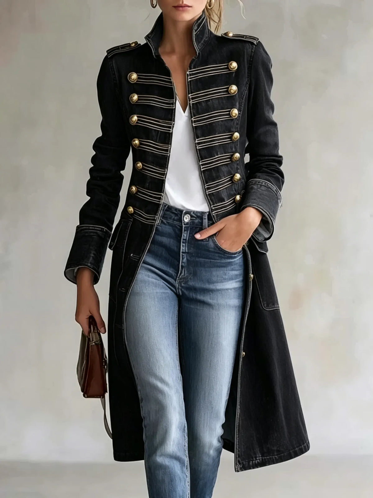 Model wearing the coat in black denim, open over a white top and jeans, with gold buttons and pale braided trim. 9