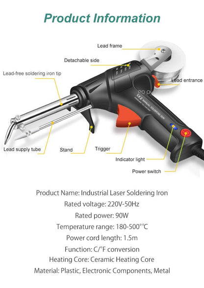 Annotated diagram of the tool's parts, with a specifications list for voltage, power, temperature range and cord length 8