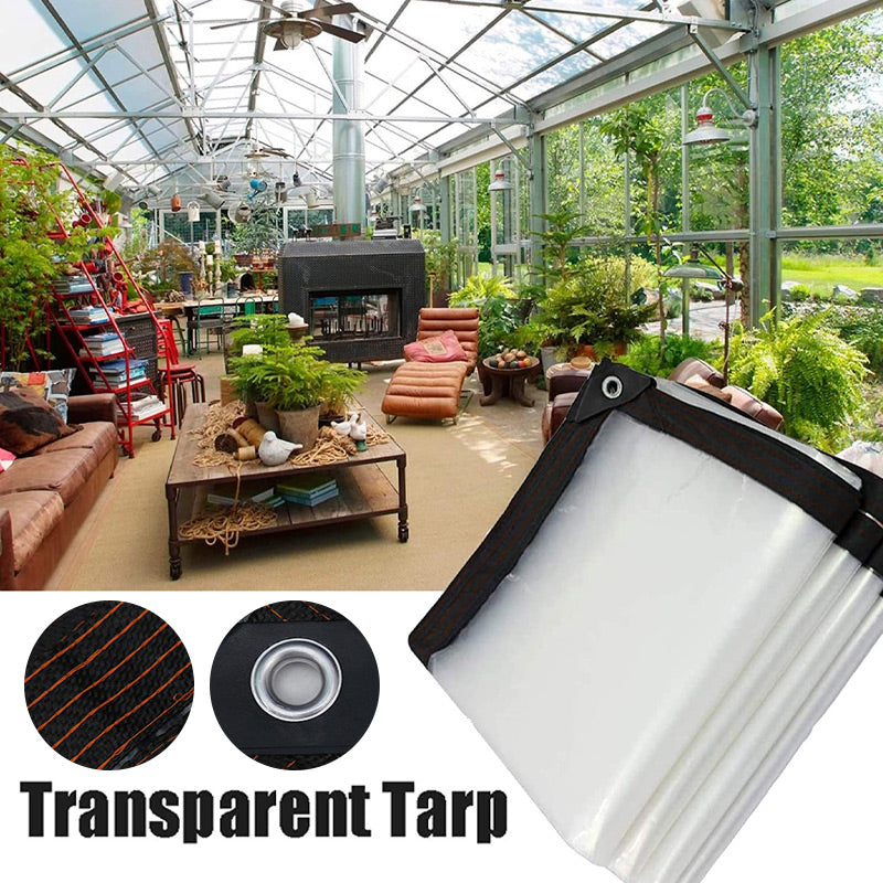 Clear tarp corner with black woven edging and eyelet in the foreground, above a bright conservatory-style garden room with plants. 2