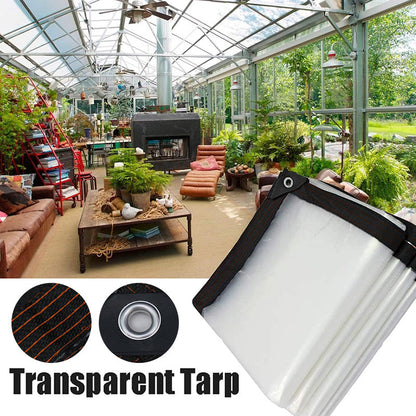 Clear tarp corner with black woven edging and eyelet in the foreground, above a bright conservatory-style garden room with plants. 2