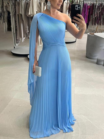 Trendy autumnal one-shoulder maxi dress with pleats – Mirella