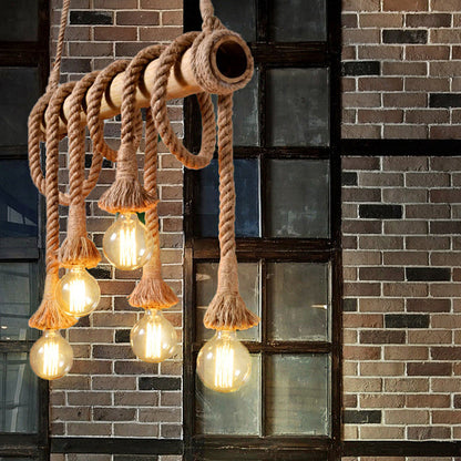 Adjustable Bamboo Pendant Lamp with Industrial Rope Design - EcoChic