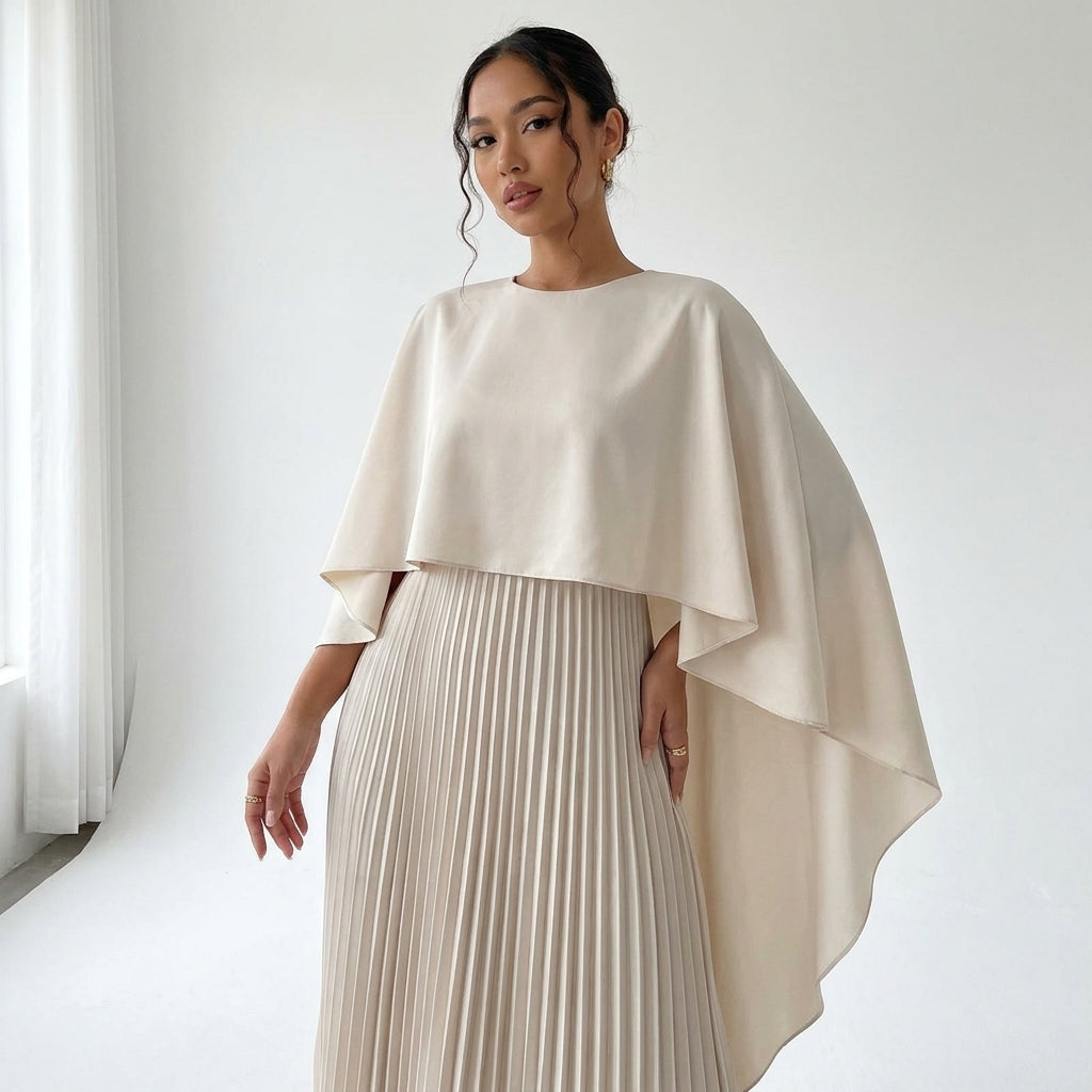Close-up of the cream dress on a model, showing the round neckline, flowing cape and pleated skirt 2