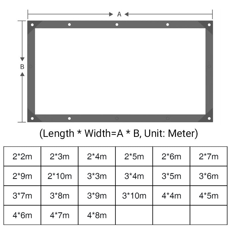 Diagram of a rectangular tarp with eyelets marking length and width, above a grid of available sizes in metres. 9