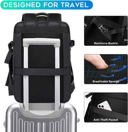 Expandable 26–45 L waterproof travel backpack with laptop compartment and duffel option.