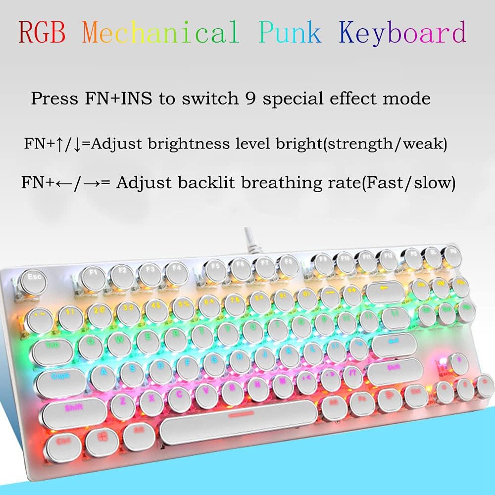 87-key mechanical gaming keyboard with RGB backlighting, blue switches