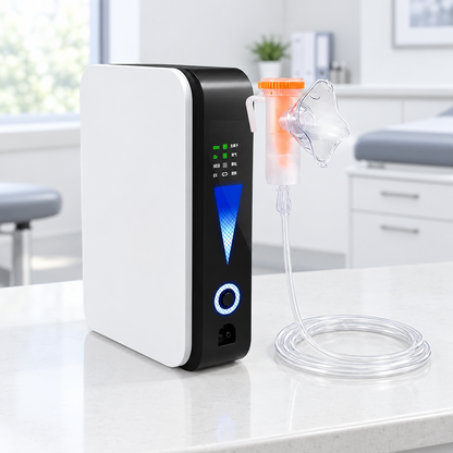 White and black slim concentrator beside an orange nebuliser cup and mask on a clinic worktop 1