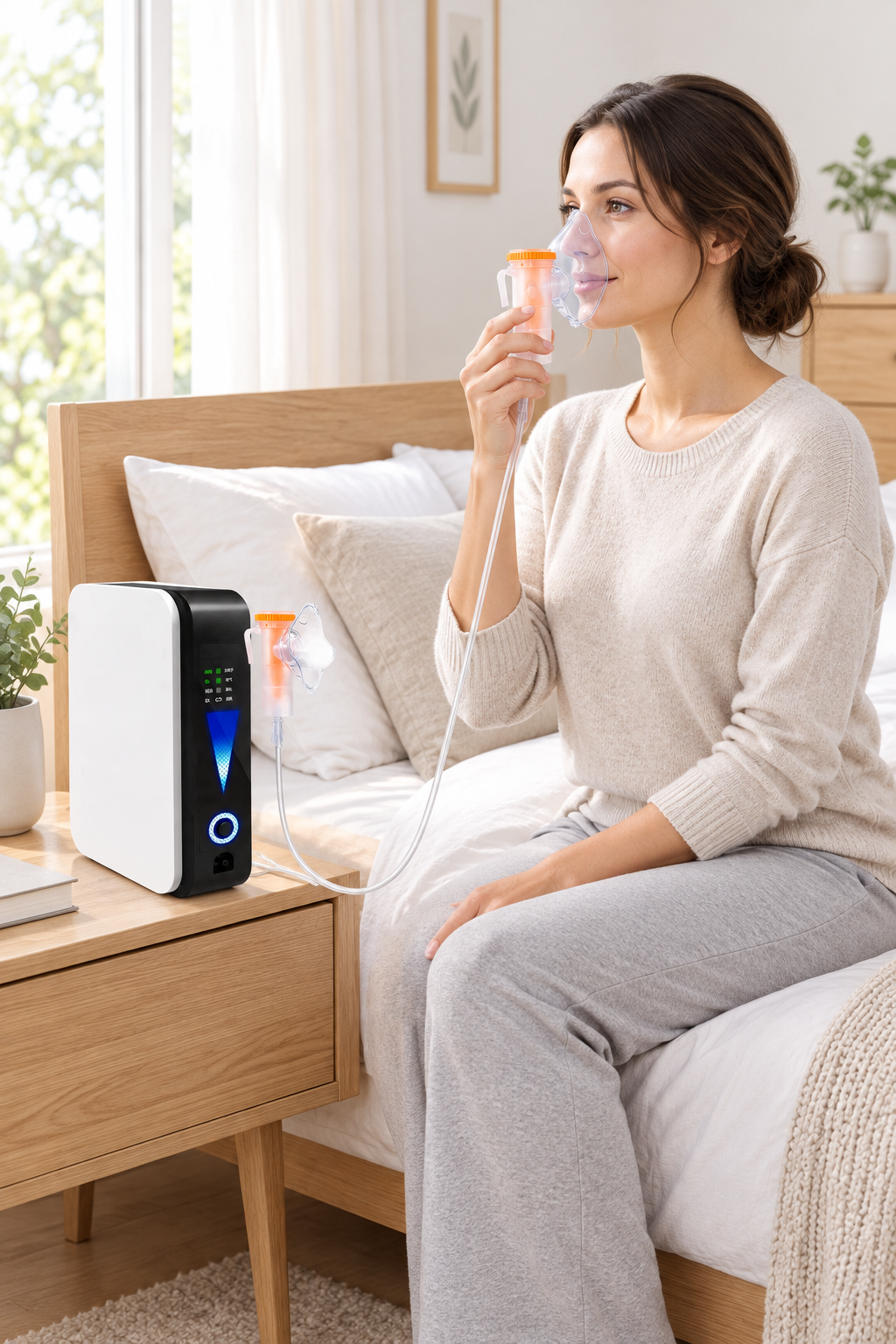 Woman in a cream jumper sits on a bed using the machine's mask, unit on bedside table 1