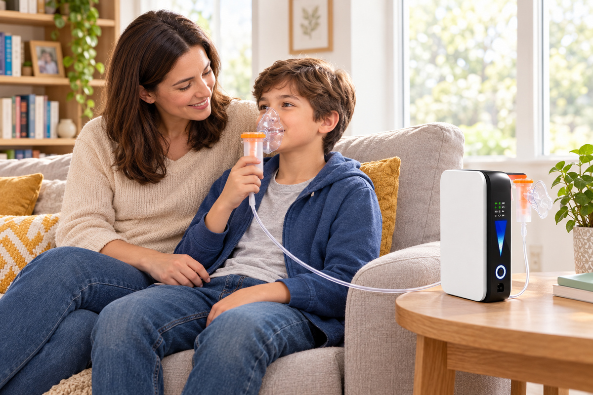 Boy on a sofa breathes through a nebuliser mask connected to the slim concentrator on a side table, his mother smiling 1