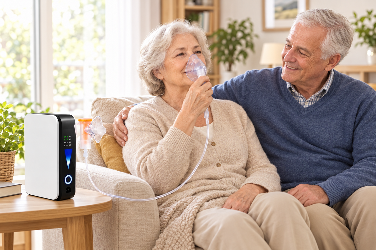 Smiling older woman breathes through a nebuliser mask beside the white and black unit, her husband beside her 1