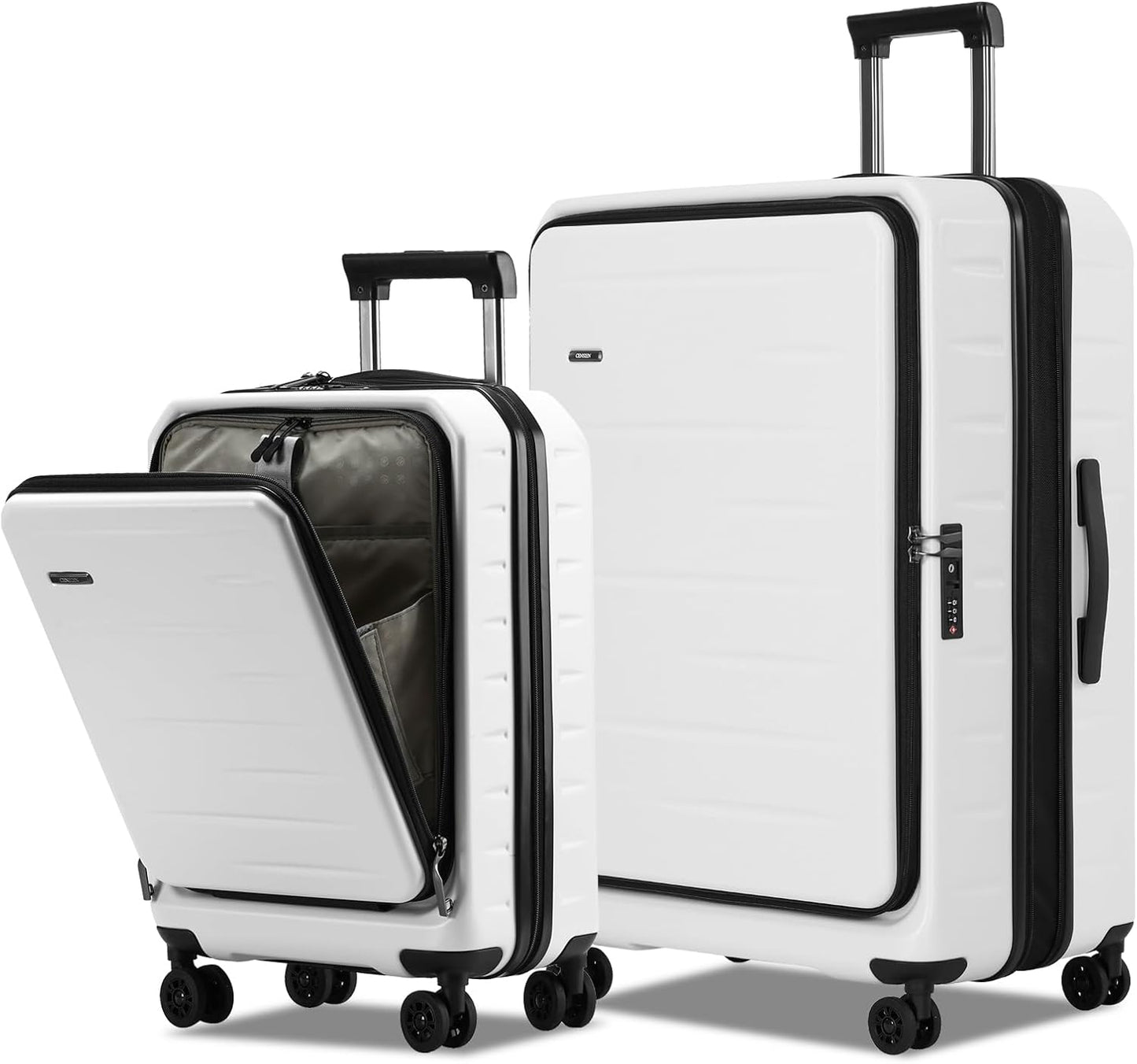 Expandable hard-shell suitcase with front compartment and TSA lock.