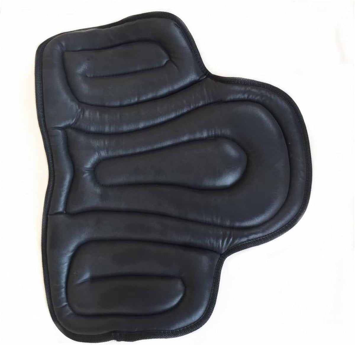 Black padded seat cushion with black edging laid flat on a white background 11