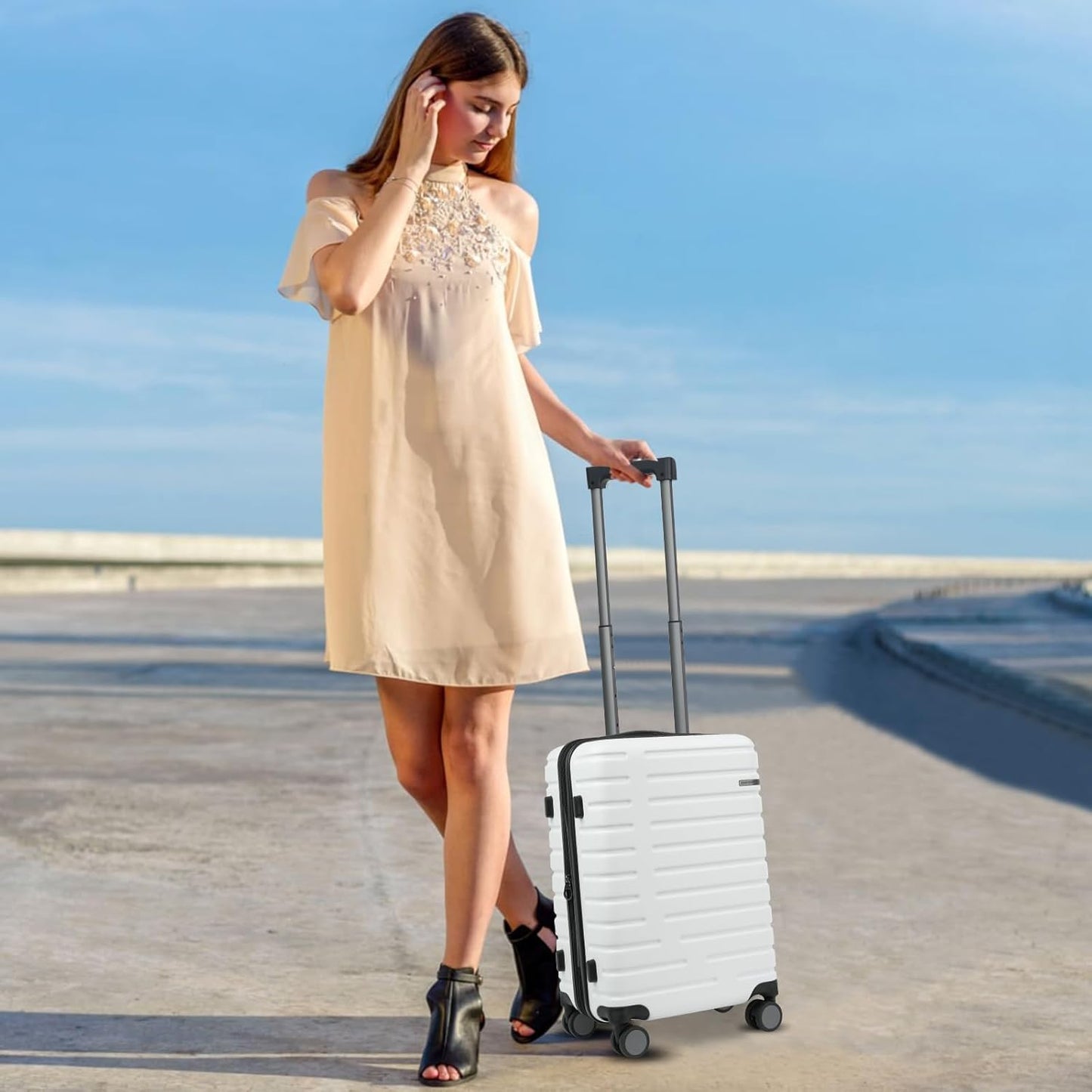 Extendable hard-shell suitcase with spinner wheels and TSA lock.