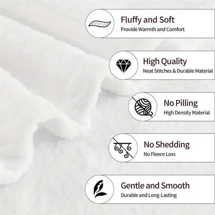 Fluffy white fabric background with icons listing softness, quality, no pilling, no shedding and durability features 10