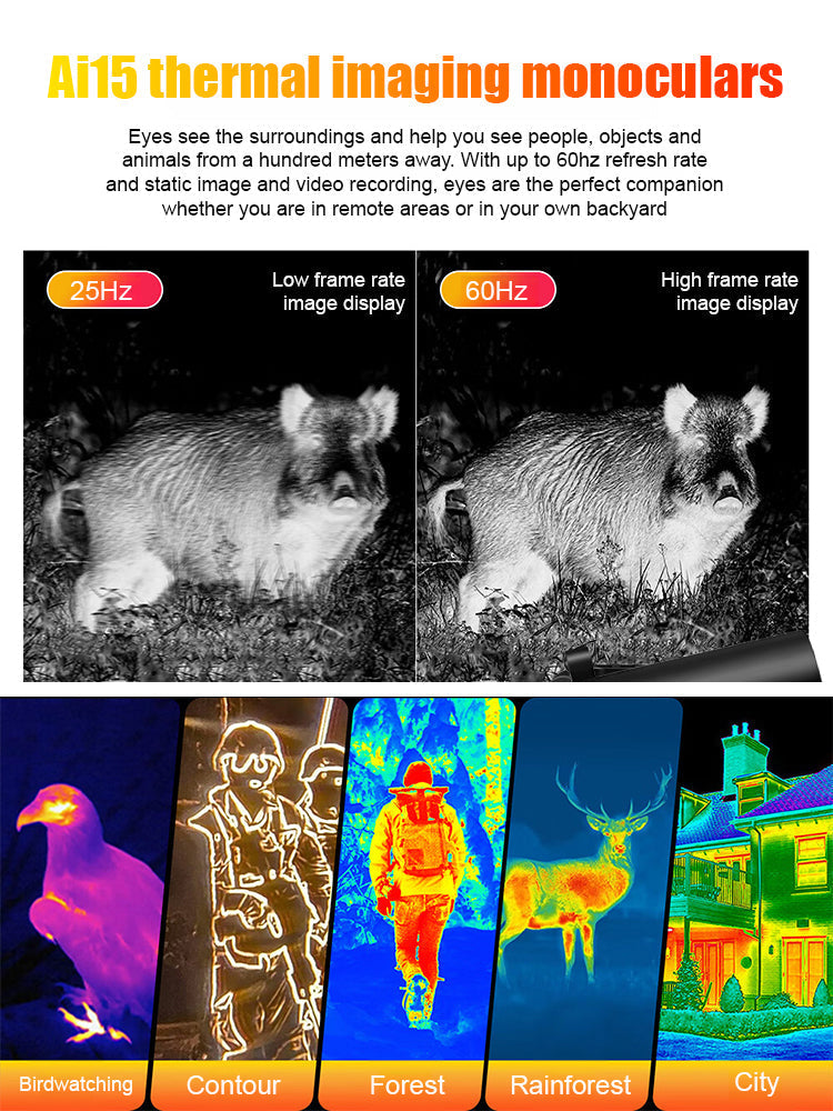 Side-by-side night images of a wild boar at two frame rates, above colourful thermal views of birds, people, deer and a 4