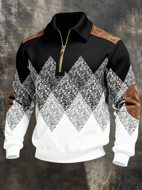 Front view of the black and white version with gold zip, tan shoulder and elbow patches 1
